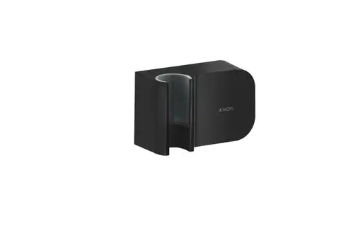 Schwarze Wandhalterung für ein Badezimmermodul von AXOR mit einer gläsernen Halterung. Minimalistisches Design für die Wandmontage.